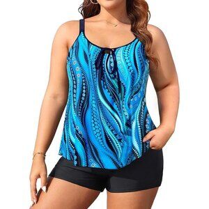 Daci Plus Size 26W Tankini Set Flowy Tank High-Waist Boyshorts Blue Swimsuit